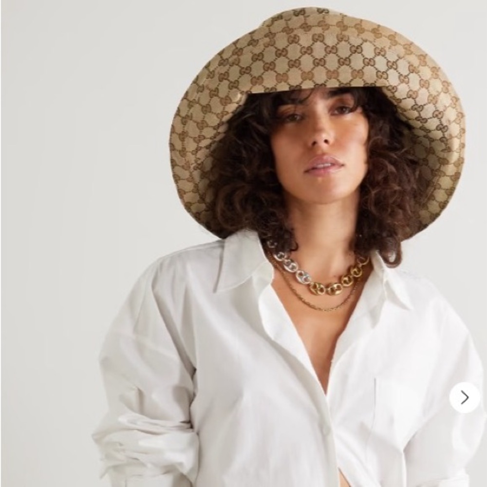 Beige Monogram Wide Brim Large Jacquard Canvas Bucket Hat Sun Coverage Beach New - Picture 11 of 16
